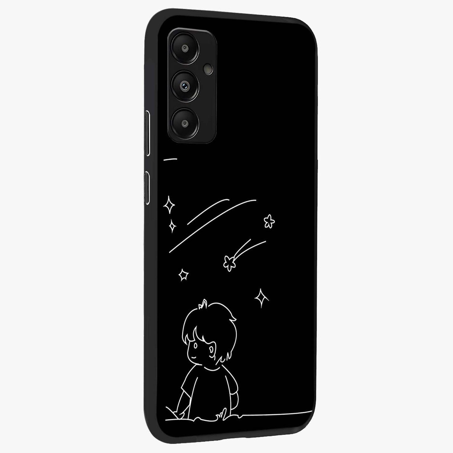Line Art Boy With Shooting Stars Glass Case upright view showcasing artistic shooting star illustration with minimal style.