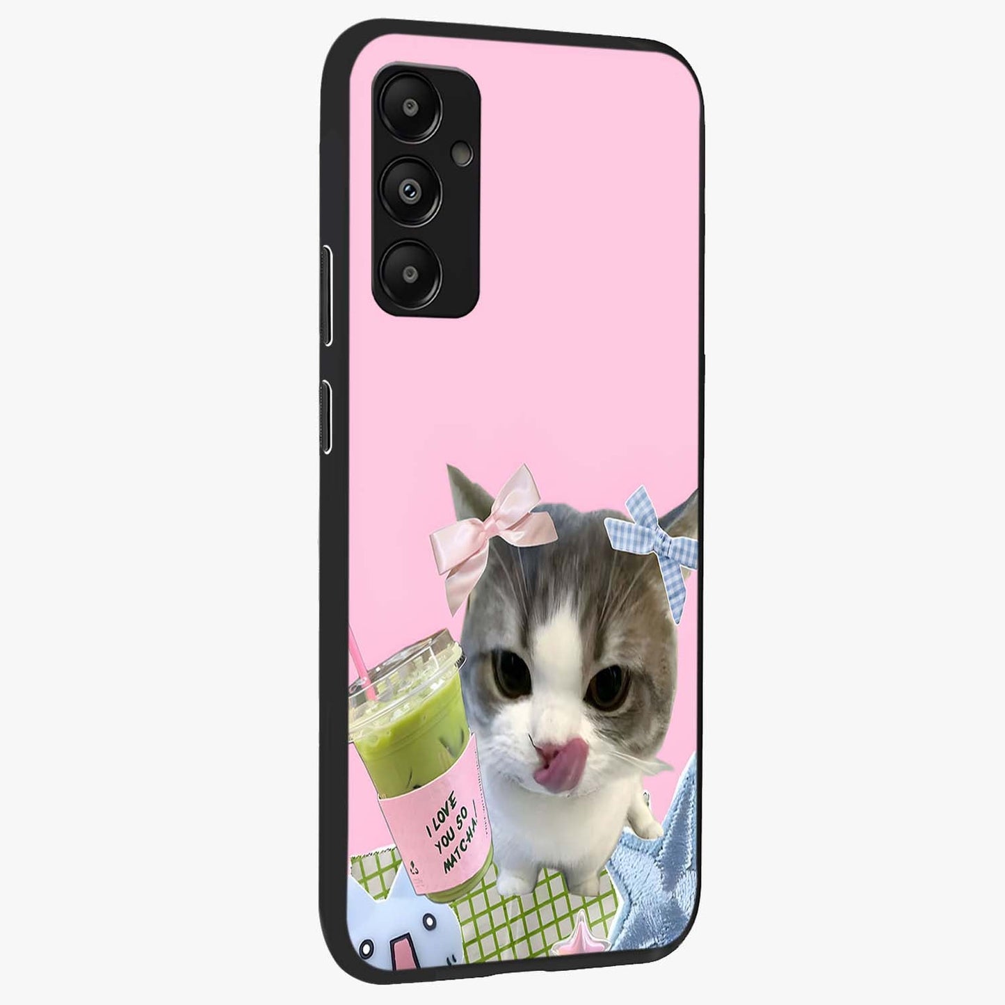 Love Matcha Cat Glass Case upright view showcasing adorable cat artwork with charming matcha themed design.