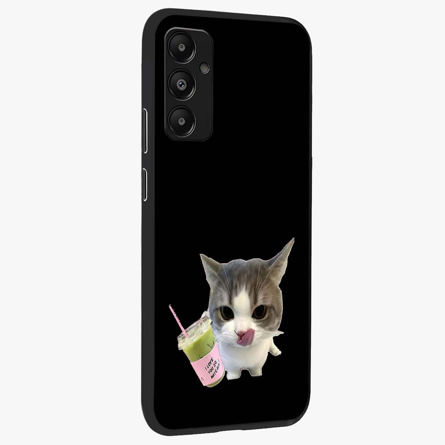 Matcha Cat Style Glass Case upright view showcasing charming cat artwork with cozy aesthetic theme.