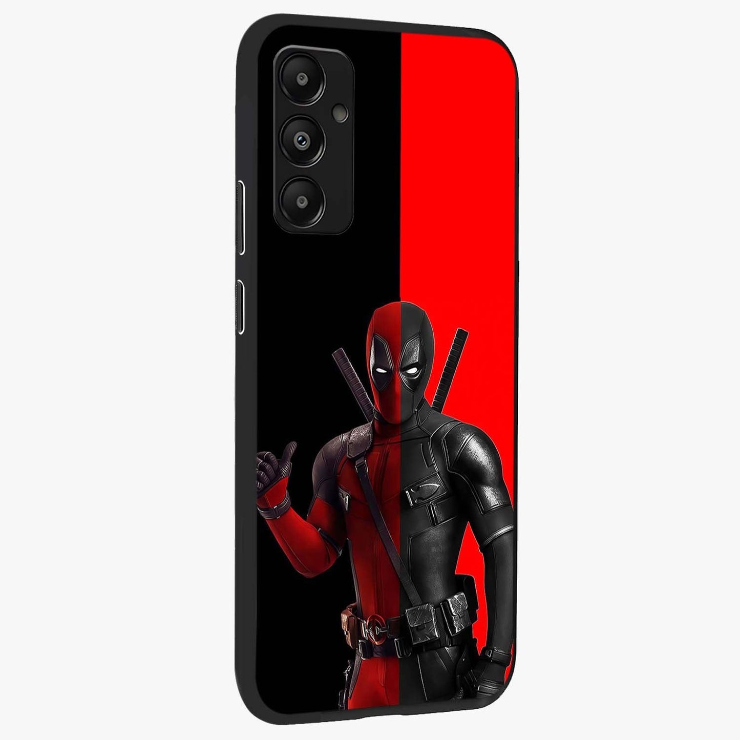 Red & Black Deadpool Theme Glass Case upright view showcasing energetic comic themed artwork with striking red and black design.
