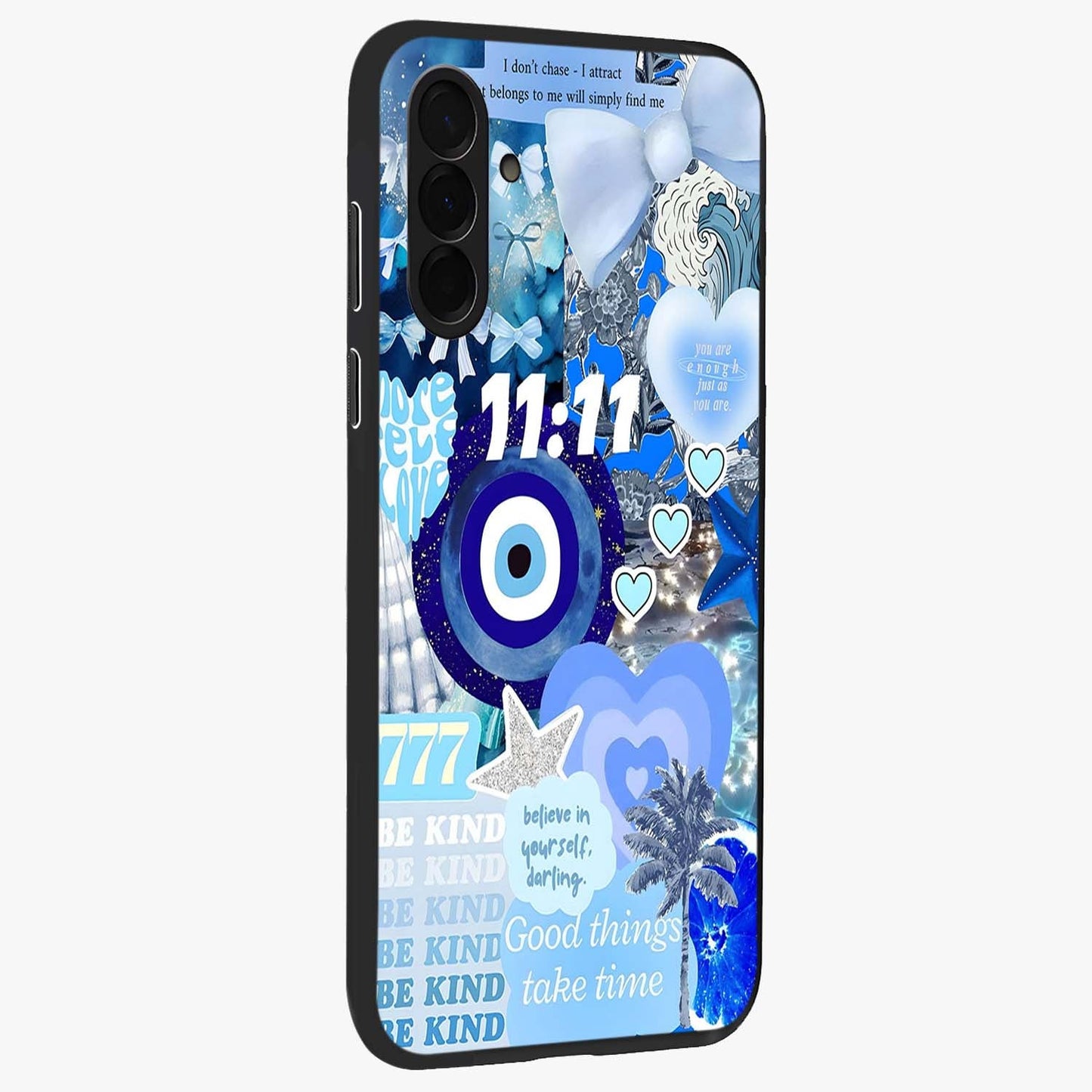 Aesthetic Be Kind Eye Glass Case upright view showcasing stylish eye illustration with positive message theme.