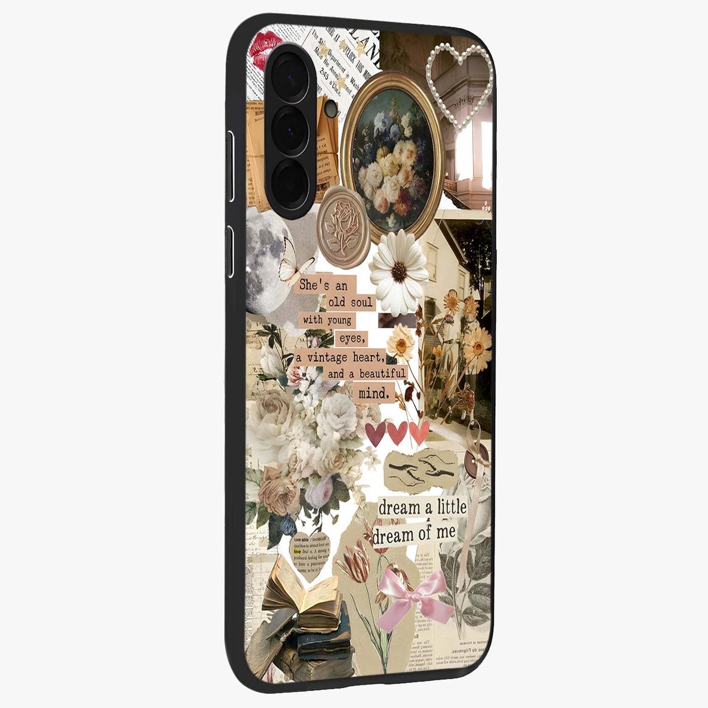 Aesthetic Brown Vintage Collage Glass Case upright view showcasing nostalgic retro artwork with stylish vintage theme.