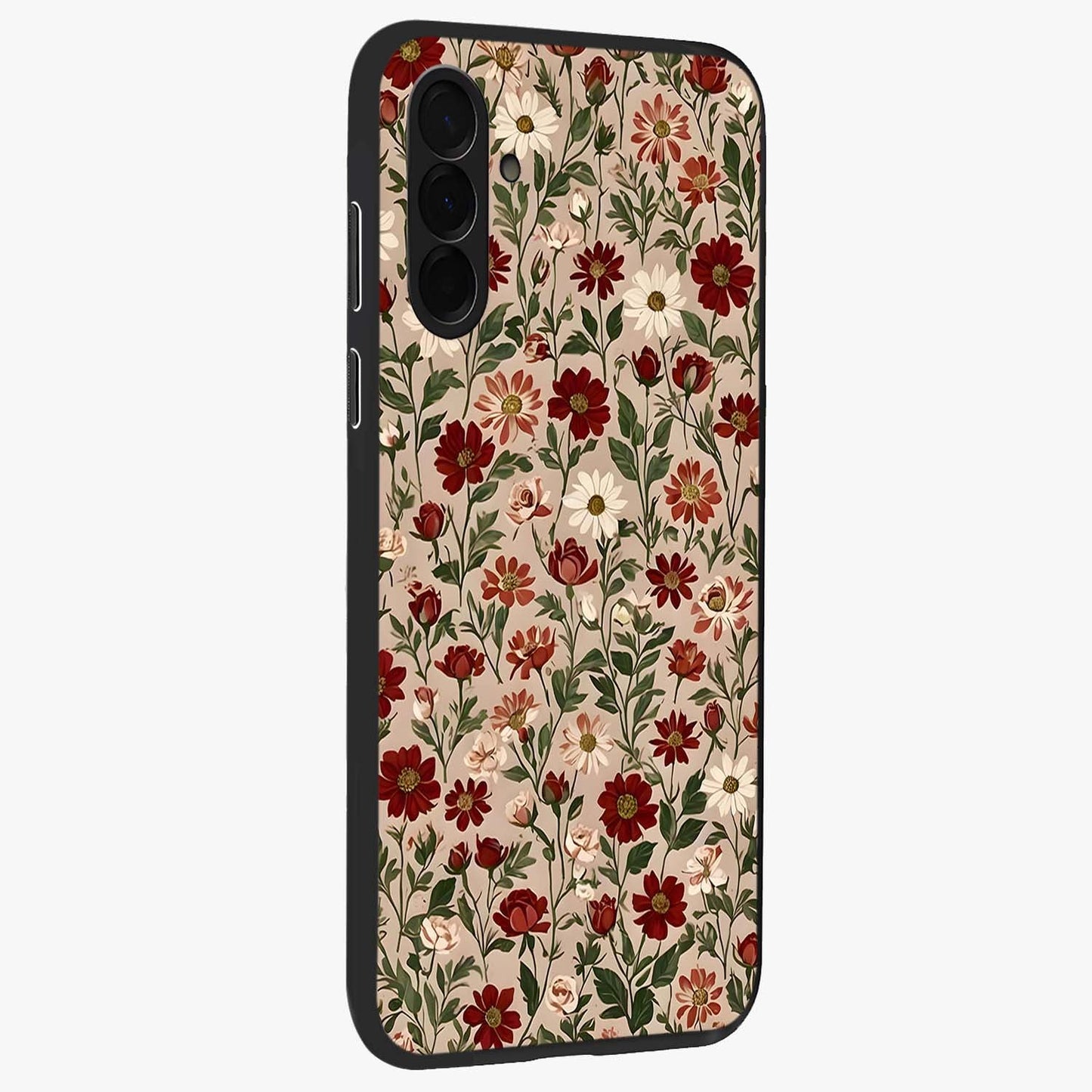 Biege Flower With Leaf Glass Case upright view showcasing delicate beige flower illustration with clean botanical style.