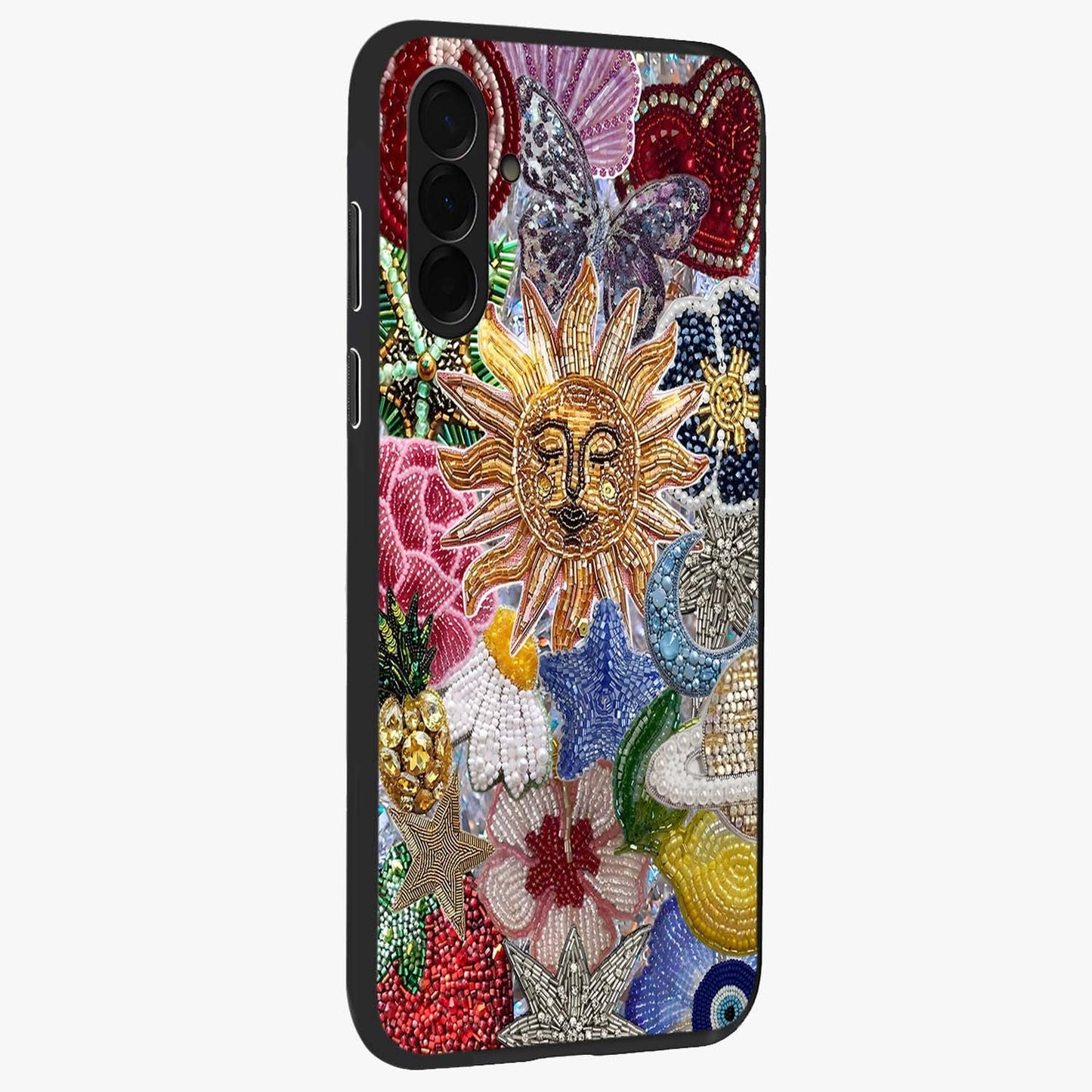Celestial Floral and Playful Glass Case upright view showcasing whimsical floral artwork with cosmic aesthetic theme.