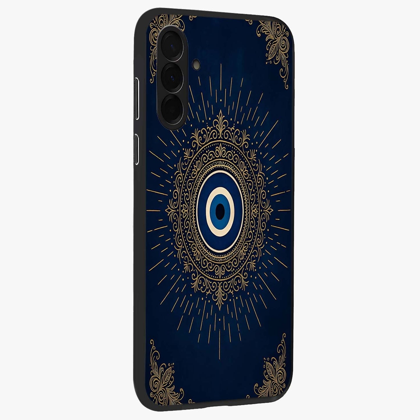 Golden Celestial Charm Glass Case upright view showcasing radiant celestial artwork with elegant golden theme.