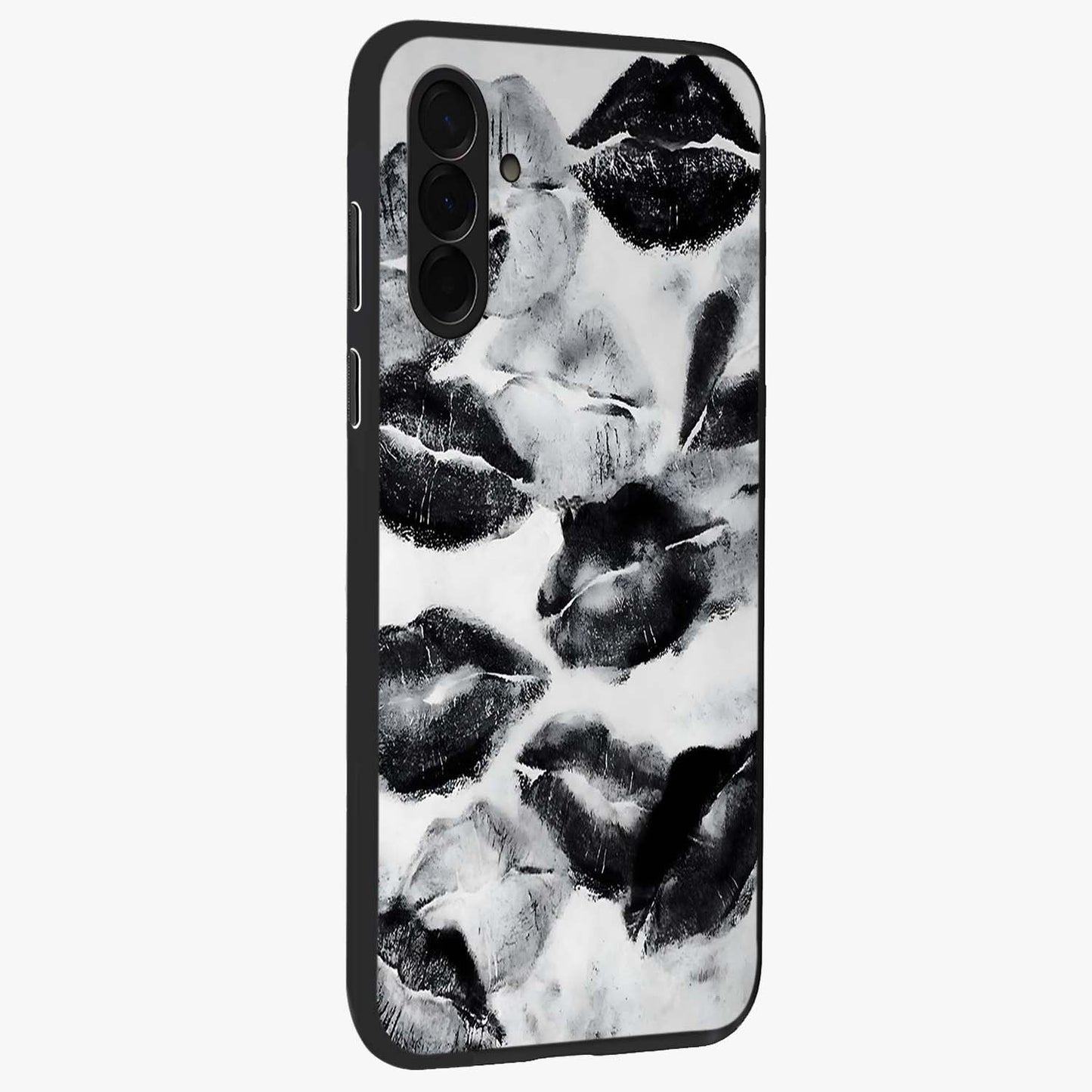 Midnight Kiss Marks Glass Case upright view showcasing stylish kiss mark artwork with trendy romantic theme.