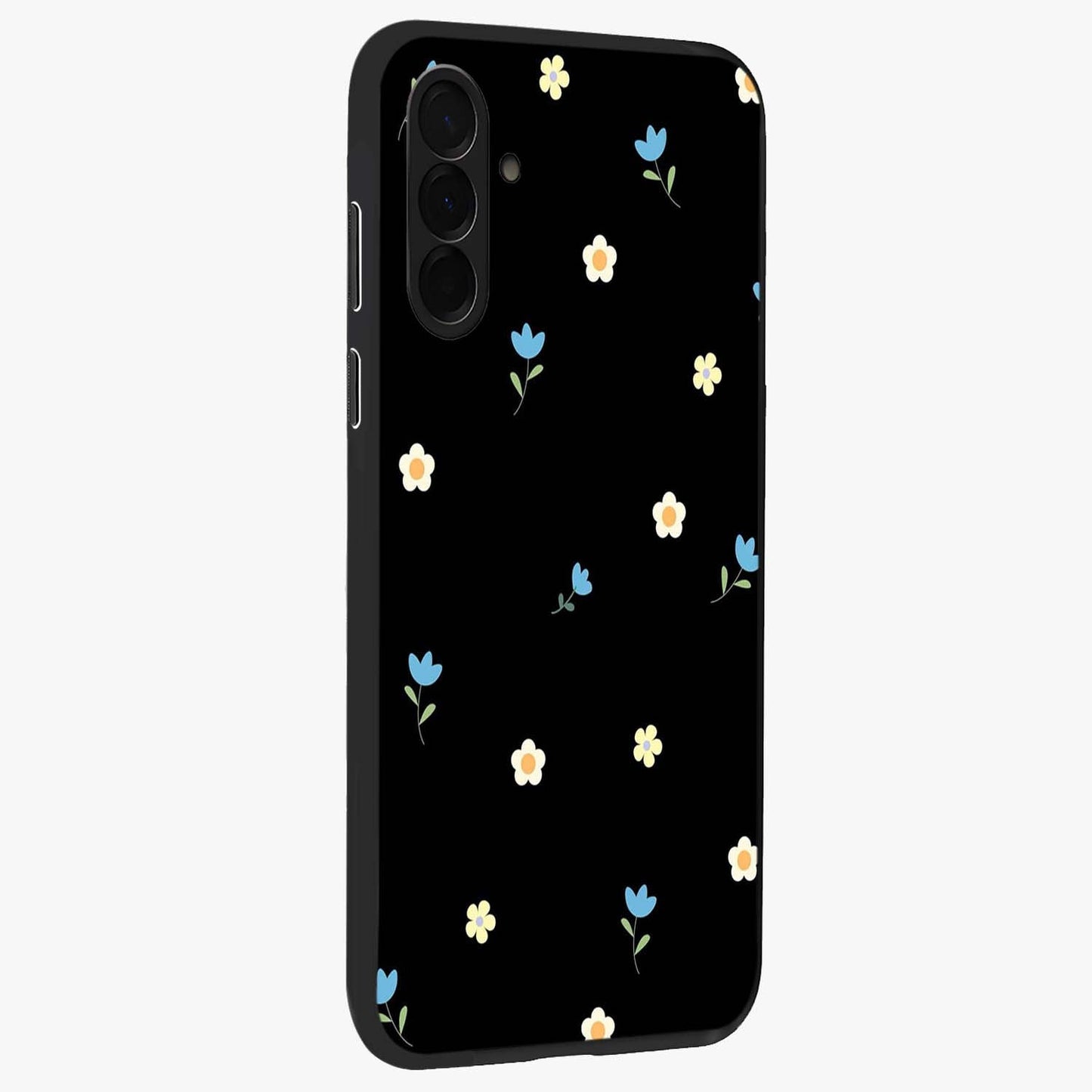 Minimal Petal Whispers Glass Case upright view showcasing elegant floral artwork with modern minimalist style.