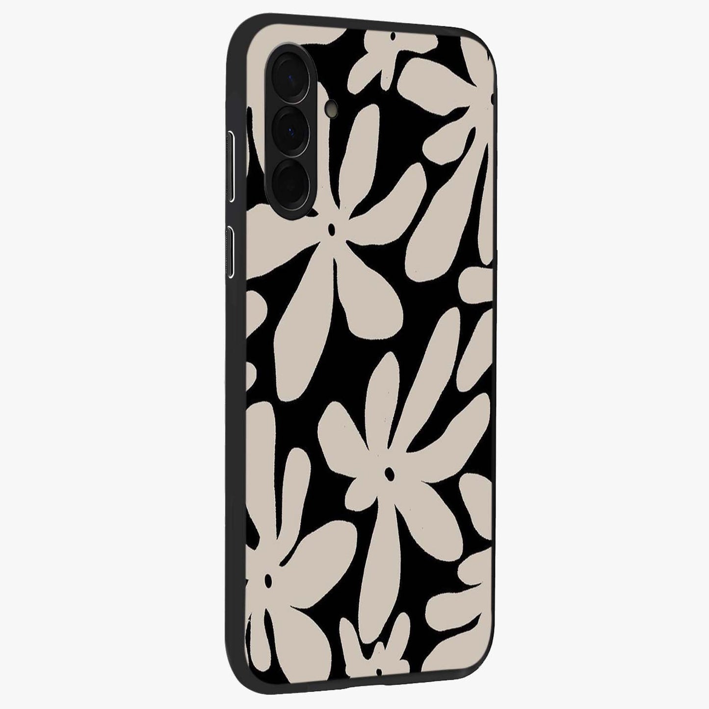 Monochrome Petal Dance Glass Case upright view showcasing artistic floral pattern with stylish monochrome theme.