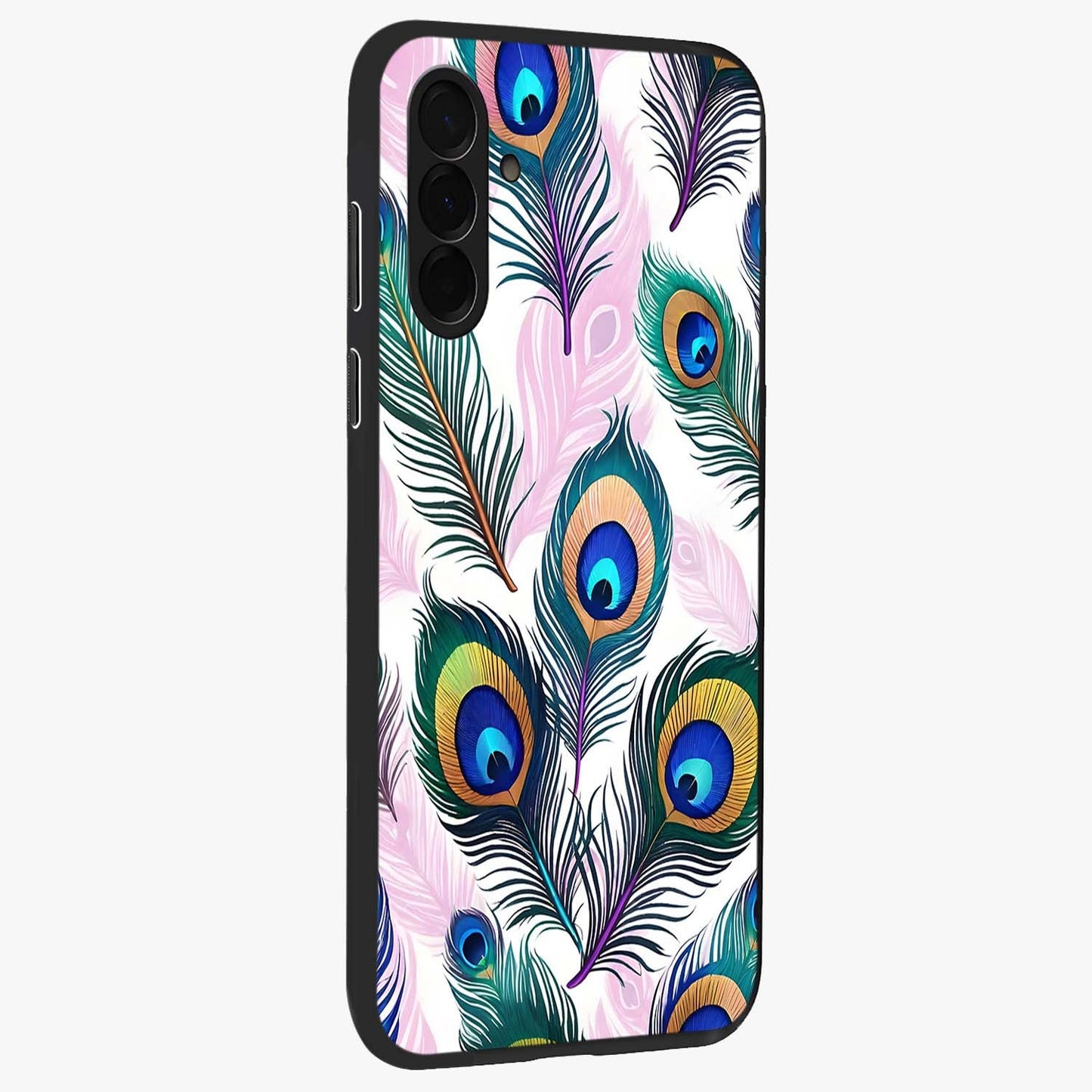Royal Peacock Feathers Glass Case upright view showcasing elegant peacock feather artwork with decorative royal theme.