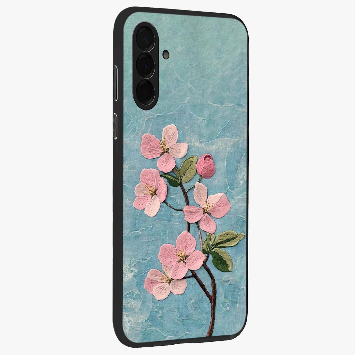 Threaded Blossom Breeze Glass Case upright view showcasing graceful flower artwork with calm botanical theme.