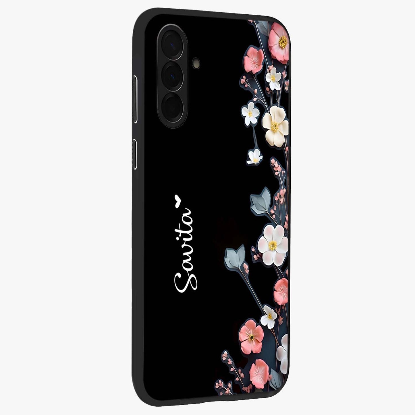 Black Elegance Floral Custom Name Glass Case upright view showcasing luxurious black floral design with personalized name detail.