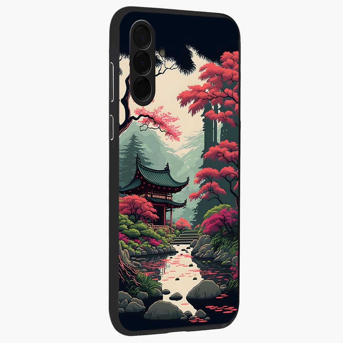 Crimson Temple View Glass Case upright view showcasing architectural temple artwork with dramatic crimson theme.