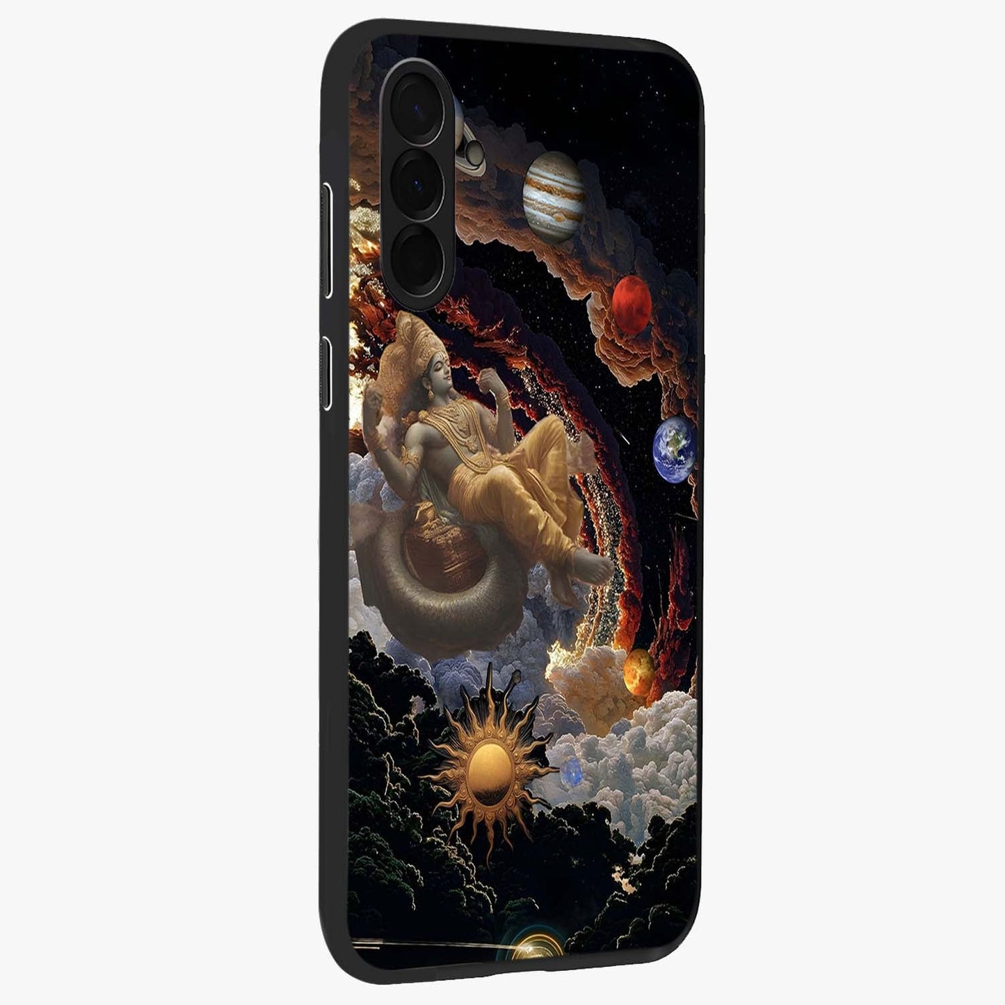 Galactic Divine God Glass Case upright view showcasing mystical divine artwork with dramatic cosmic theme.