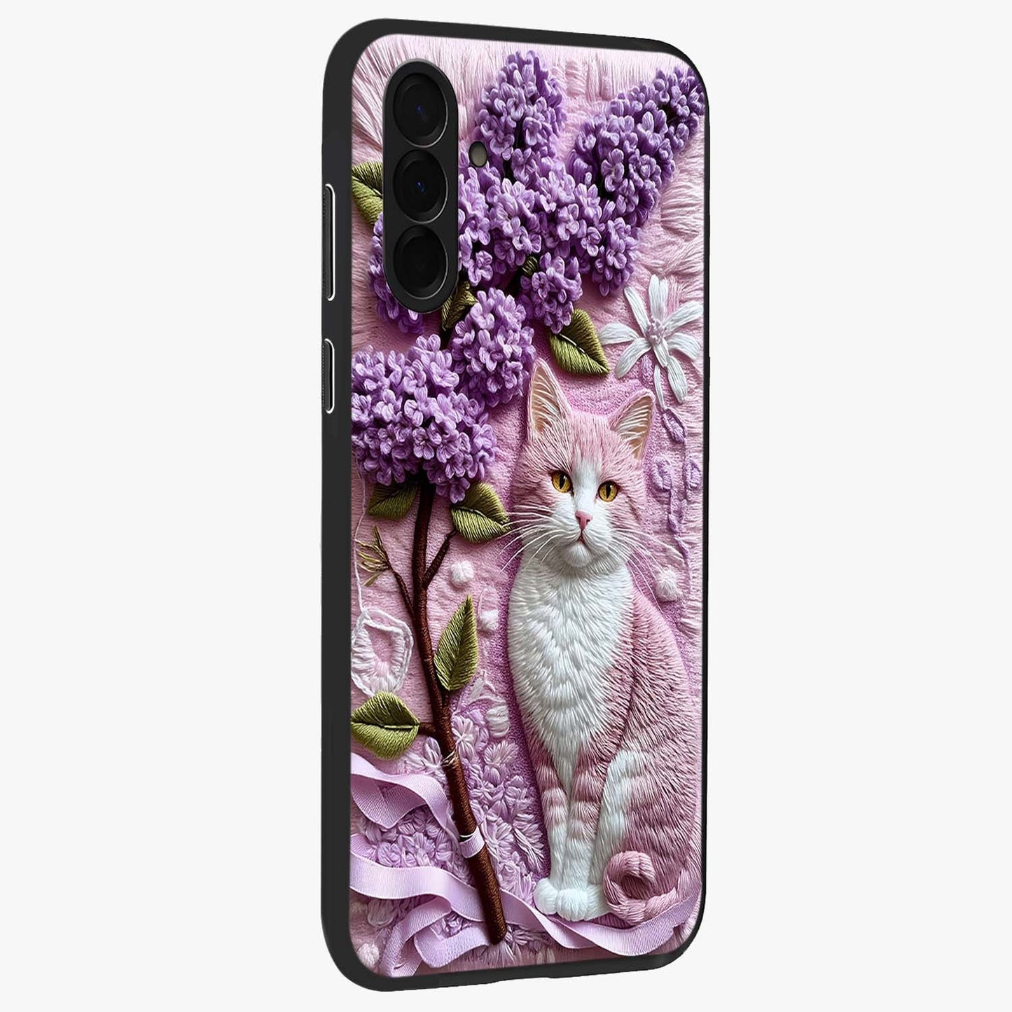 Lavender Cat Whimsy Glass Case upright view showcasing charming cat artwork with whimsical lavender theme.
