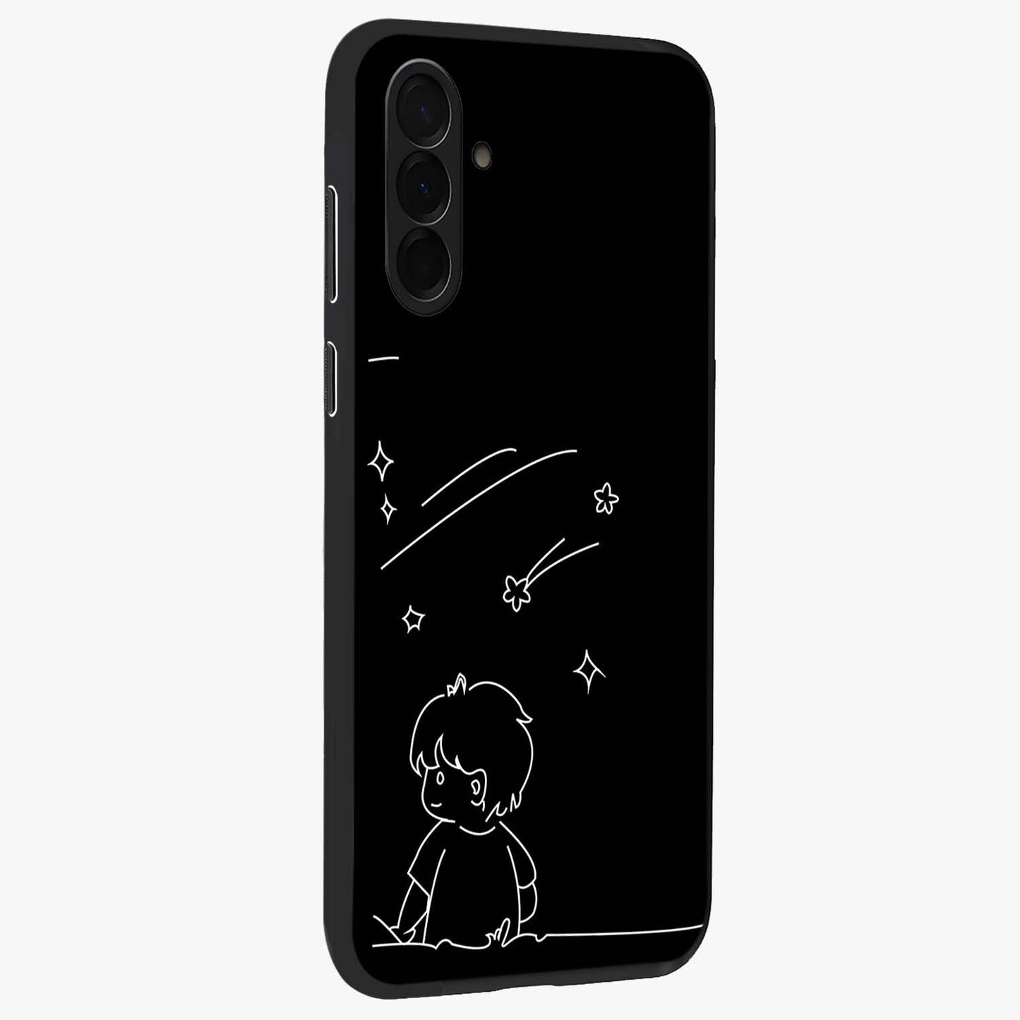 Line Art Boy With Shooting Stars Glass Case upright view showcasing artistic shooting star illustration with minimal style.