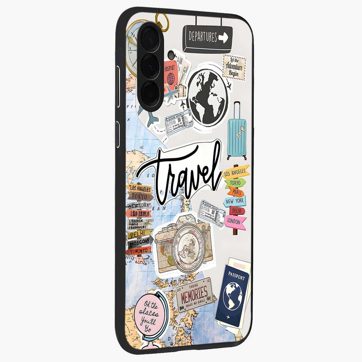 Wanderlust Journal Glass Case upright view showcasing wanderlust inspired artwork with creative exploration theme.