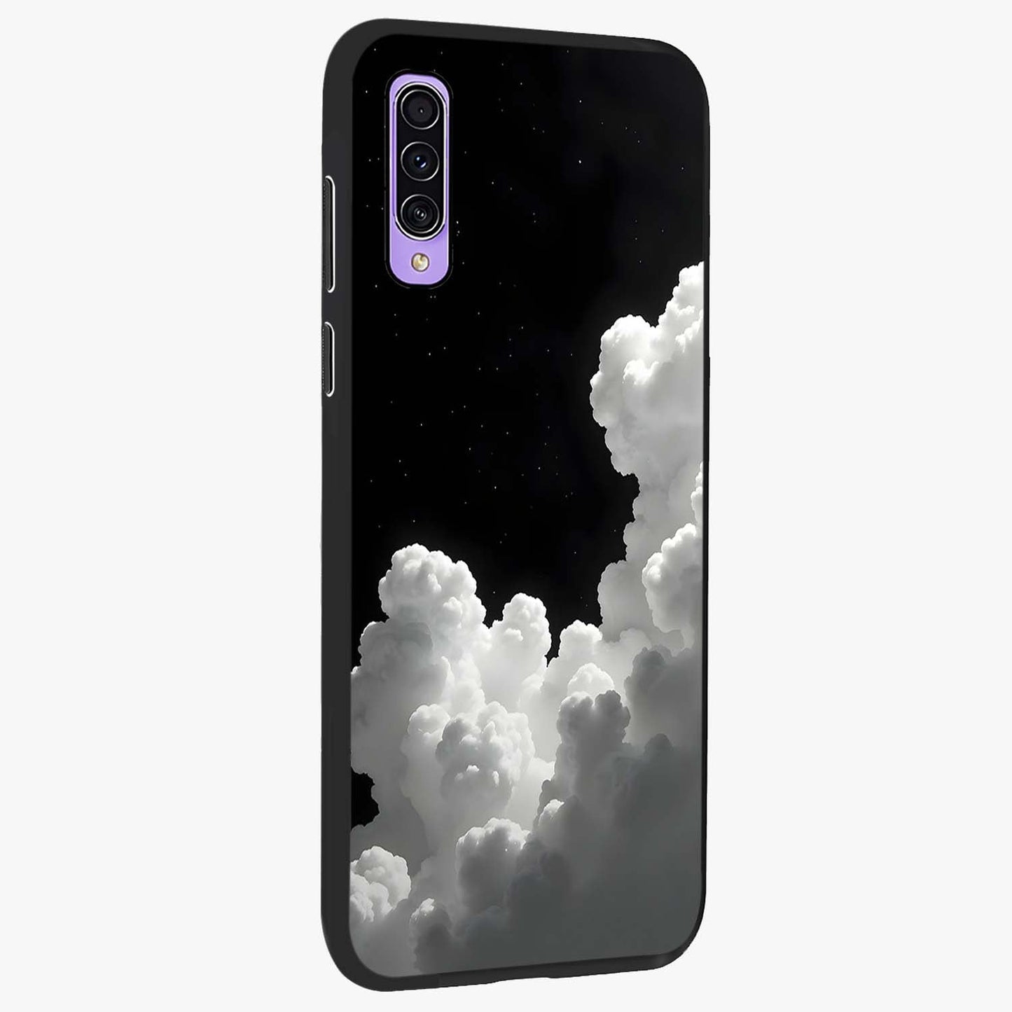 Black Background With White Cloud Glass Case upright view showcasing calm cloud aesthetic with modern minimal style.