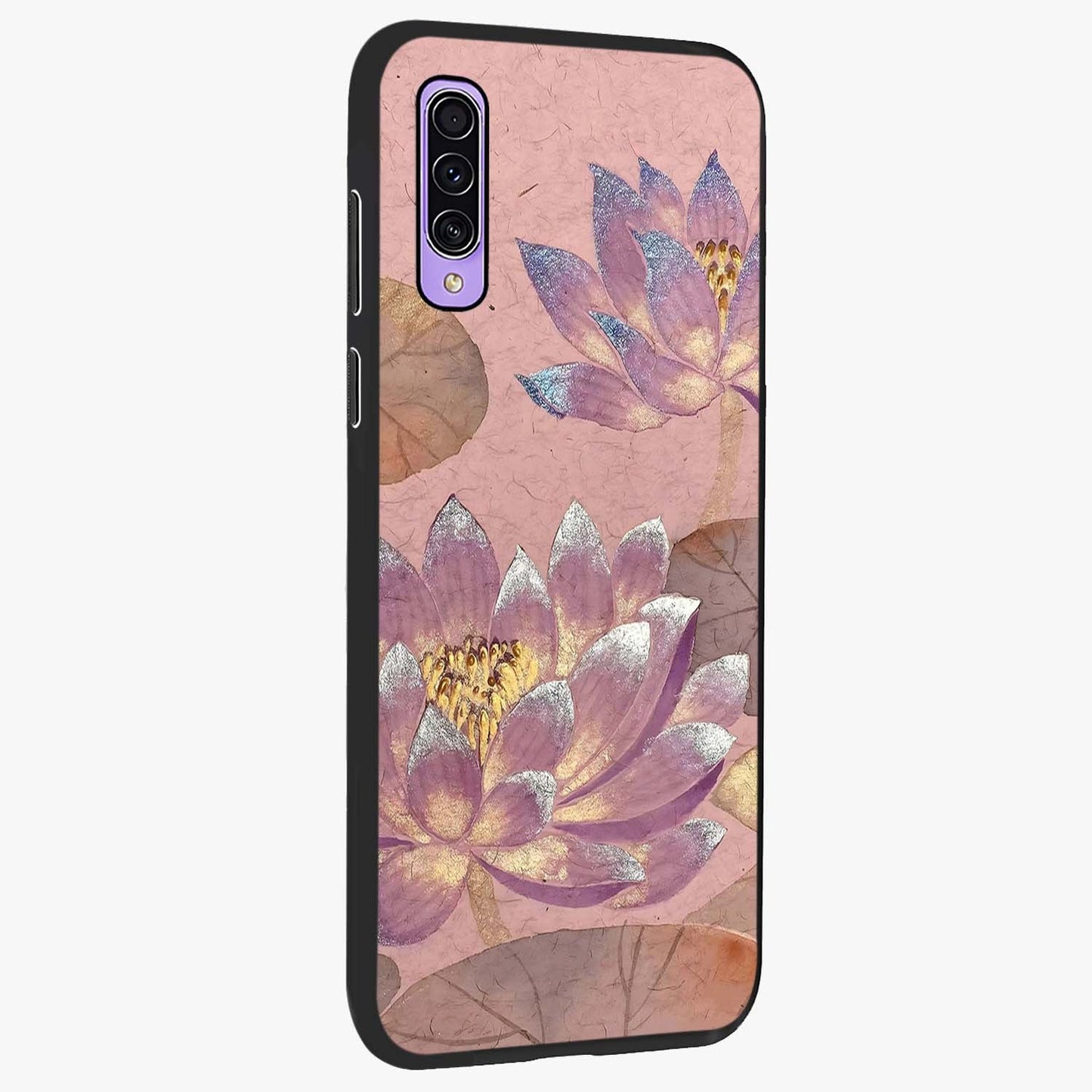 Blossom Mist Lotus Glass Case upright view showcasing graceful lotus flower design with peaceful botanical style.
