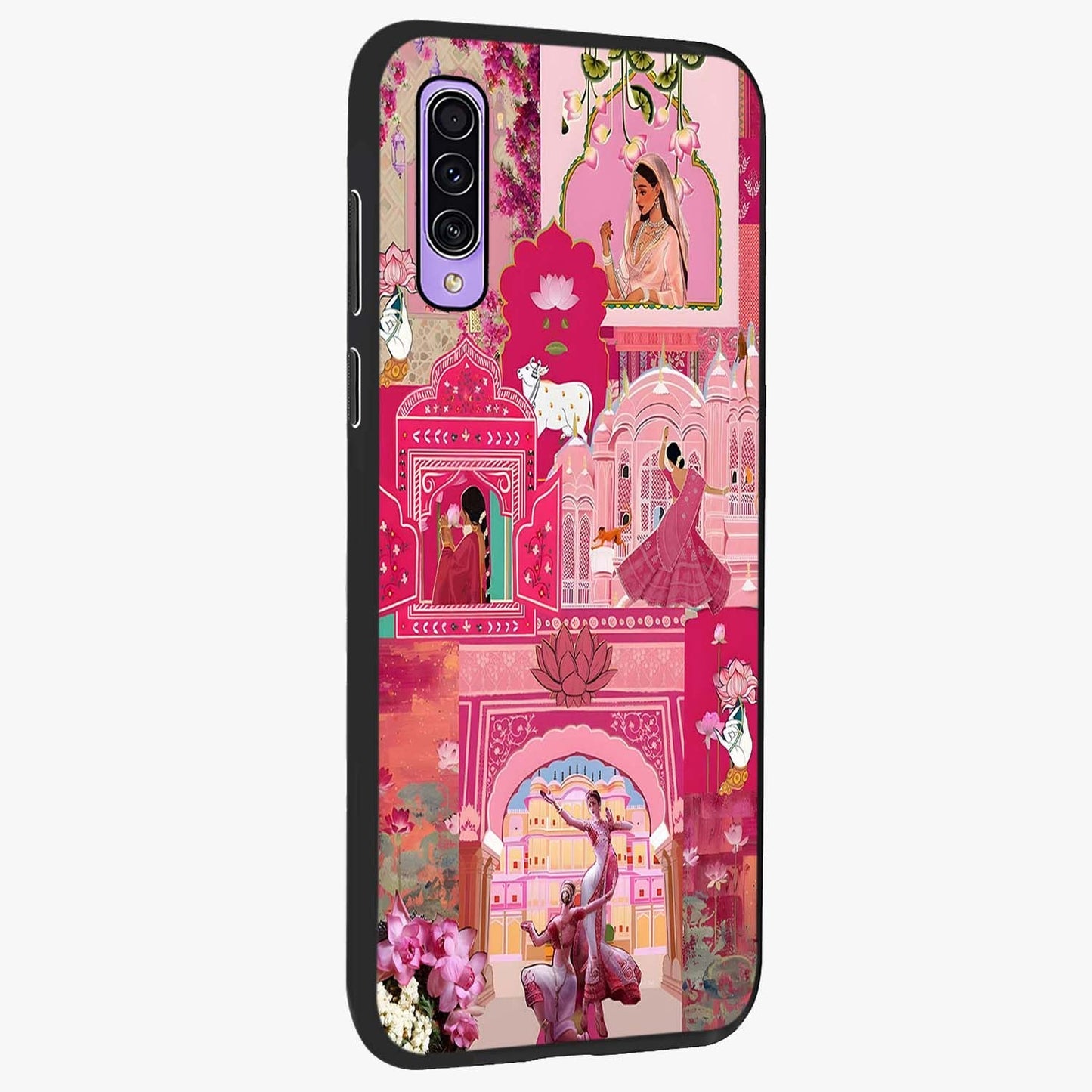Blossoms of Rajasthan Glass Case upright view showcasing colorful floral design inspired by traditional Indian art.