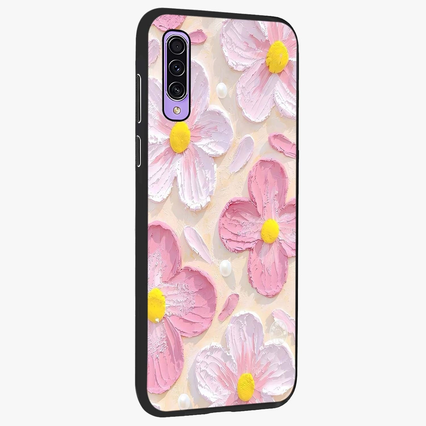 Blush Bloom Texture Glass Case upright view showcasing delicate blush floral texture with modern minimal style.