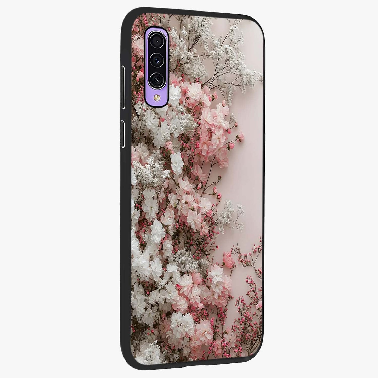 Blush Blossom Cloud Glass Case upright view showcasing calm floral cloud artwork with gentle dreamy theme.
