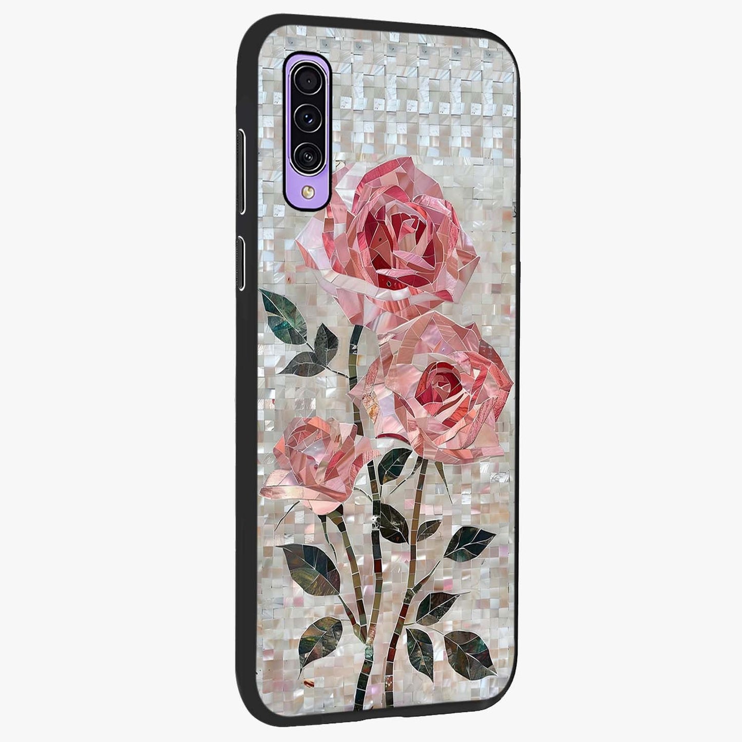 Blush Mosaic Bloom Glass Case upright view showcasing decorative floral mosaic artwork with stylish modern aesthetic.