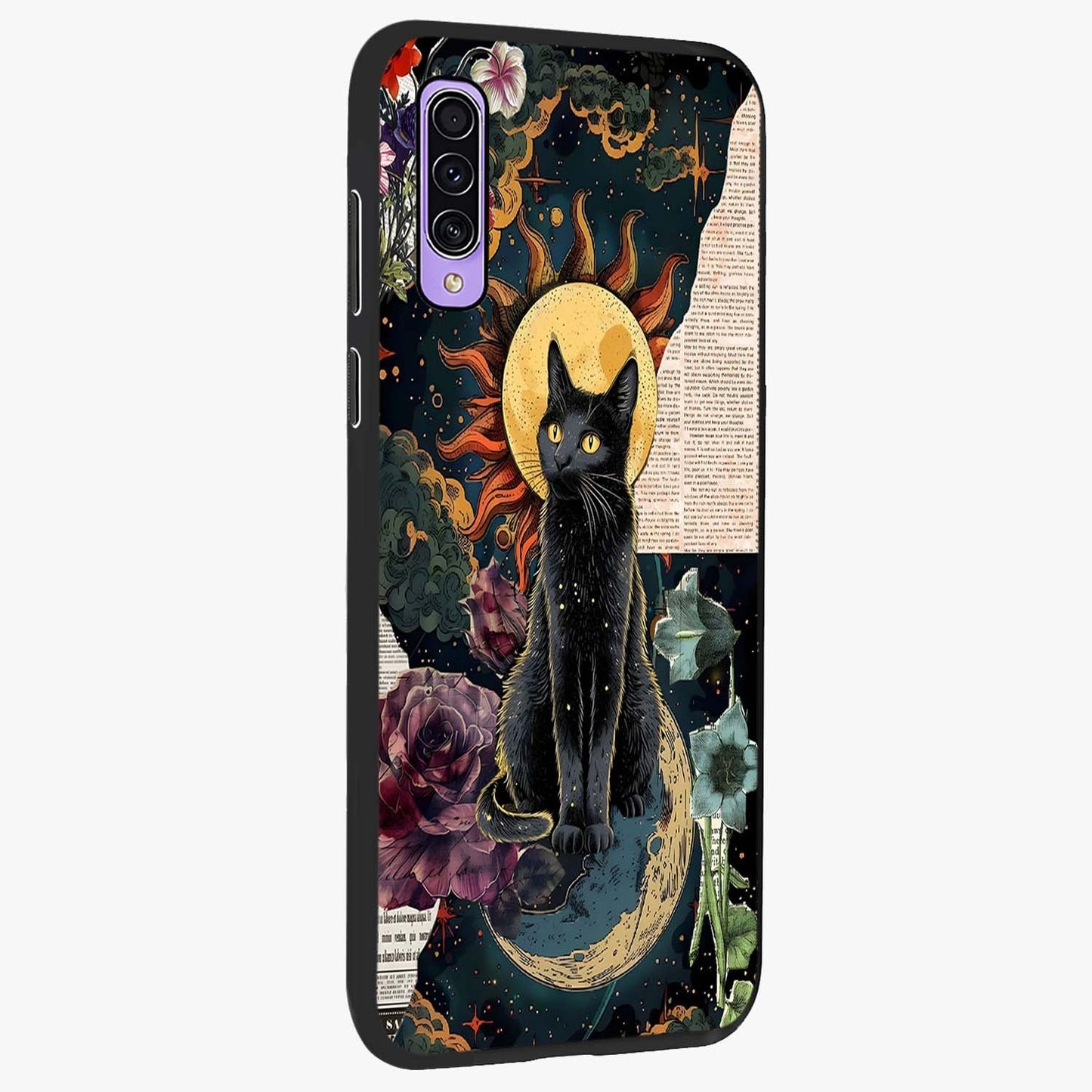 Celestial Black Cat Glass Case upright view showcasing magical black cat illustration with starry cosmic theme.