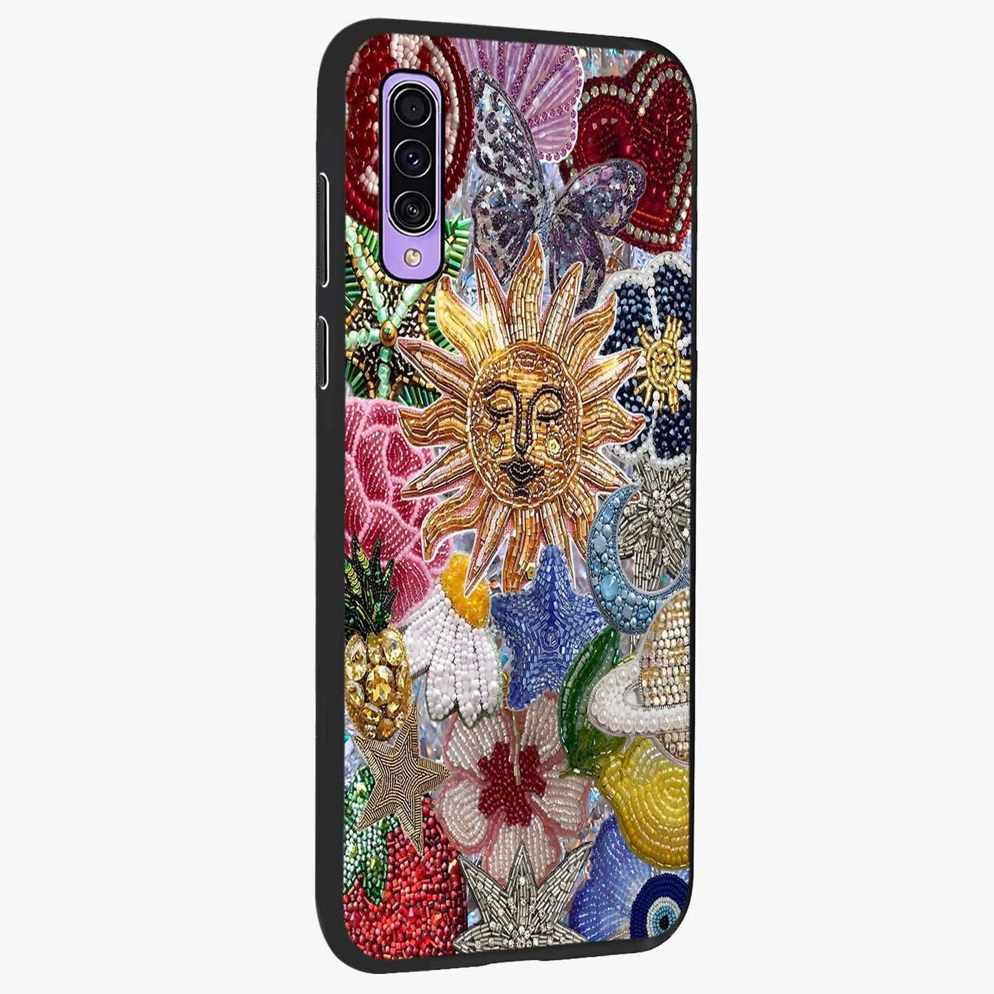 Celestial Floral and Playful Glass Case upright view showcasing whimsical floral artwork with cosmic aesthetic theme.