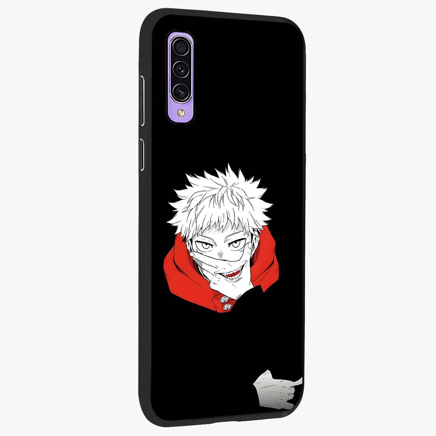 Crimson Chaos Smile Glass Case upright view showcasing expressive chaotic artwork with striking visual theme.