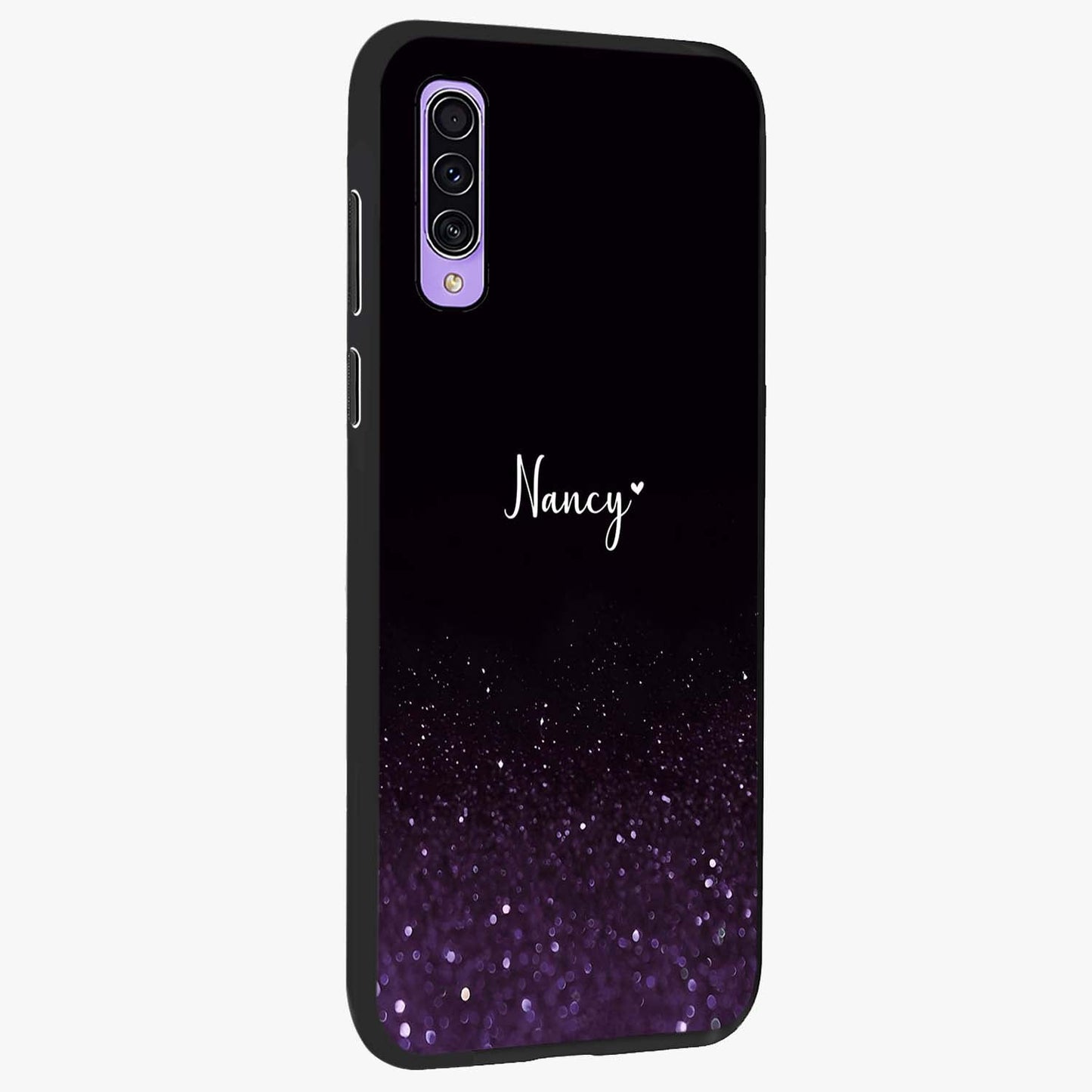 Glittery Purple Bokeh Custom Name Glass Case upright view showcasing vibrant purple sparkle artwork with personalized aesthetic style.