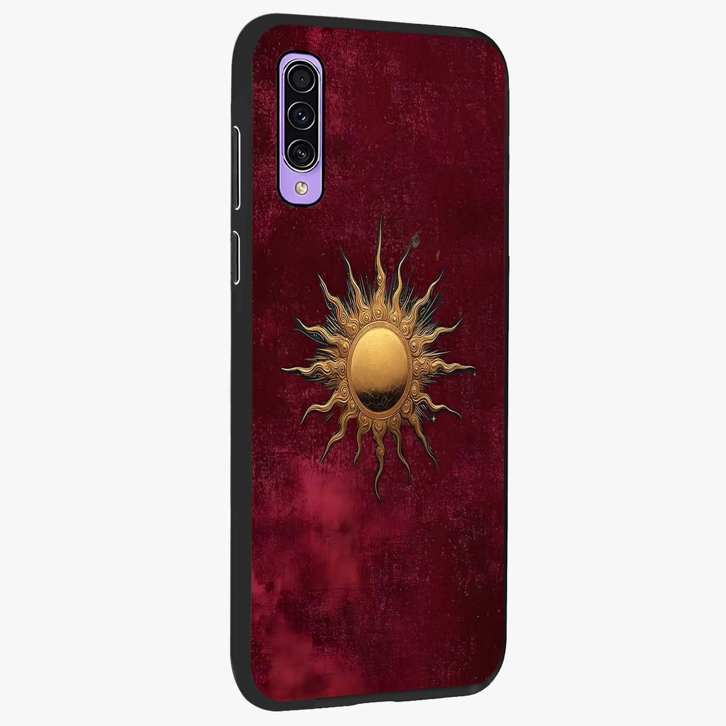 Golden Sun Minimalism Glass Case upright view showcasing simple golden sun artwork with elegant minimalist style.