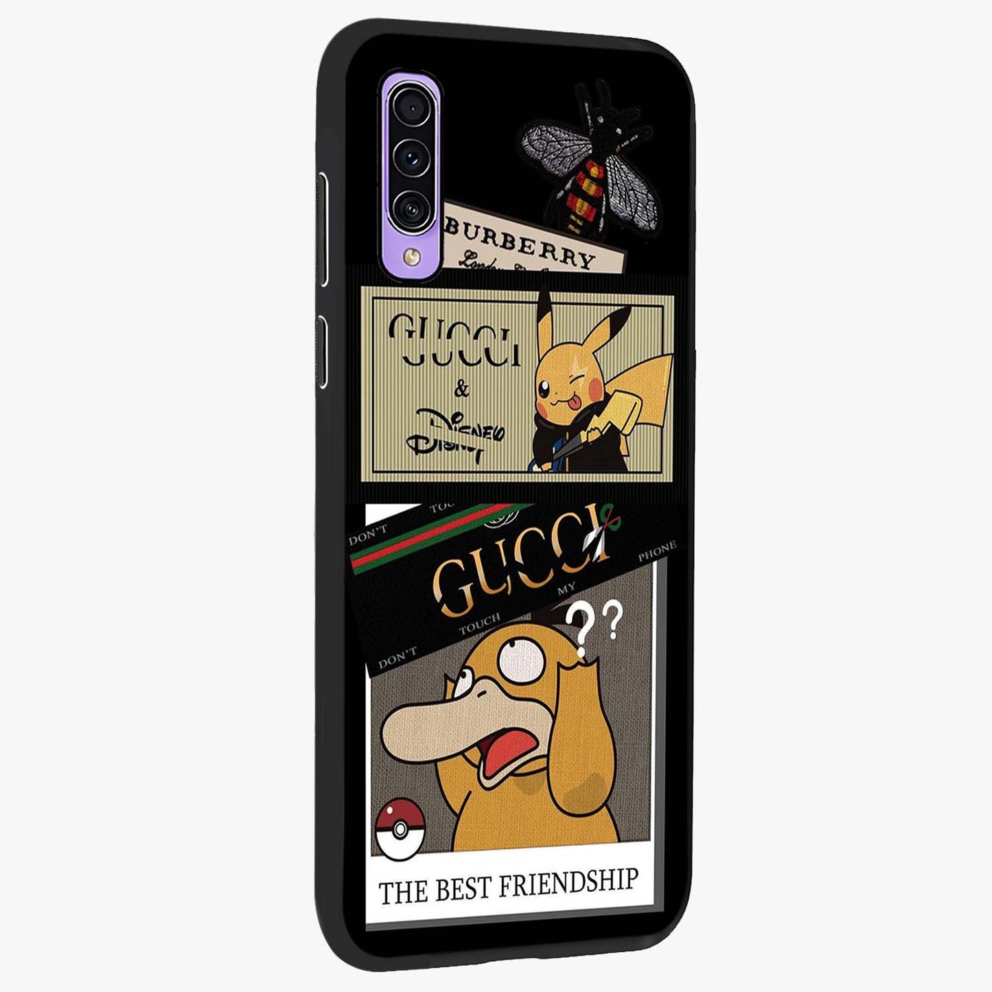 Gucci Play Mashup Glass Case upright view showcasing trendy luxury inspired artwork with modern fashion theme.