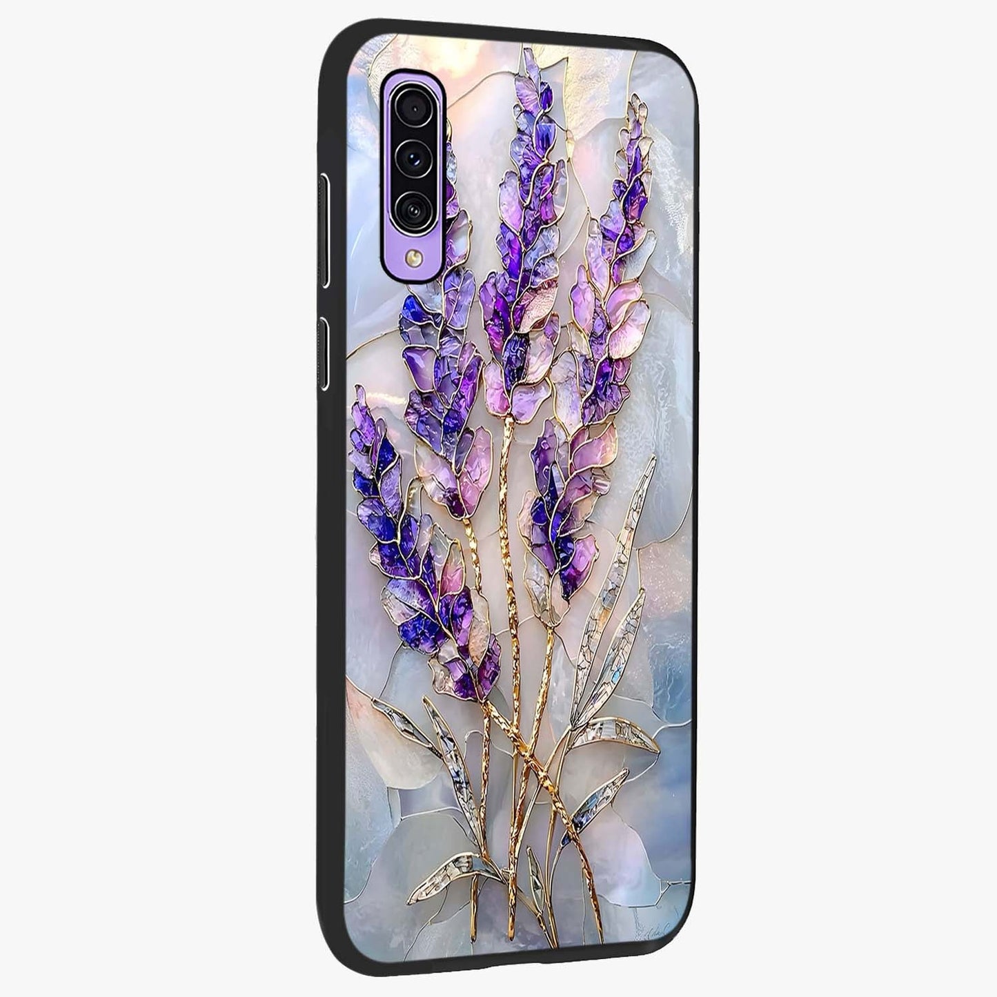 Lavender Dream Glow Glass Case upright view showcasing radiant lavender glow artwork with calming dreamy theme.