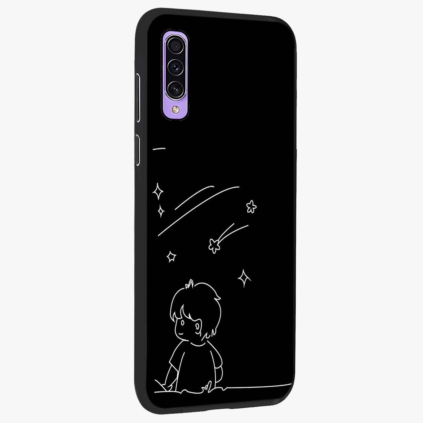 Line Art Boy With Shooting Stars Glass Case upright view showcasing artistic shooting star illustration with minimal style.