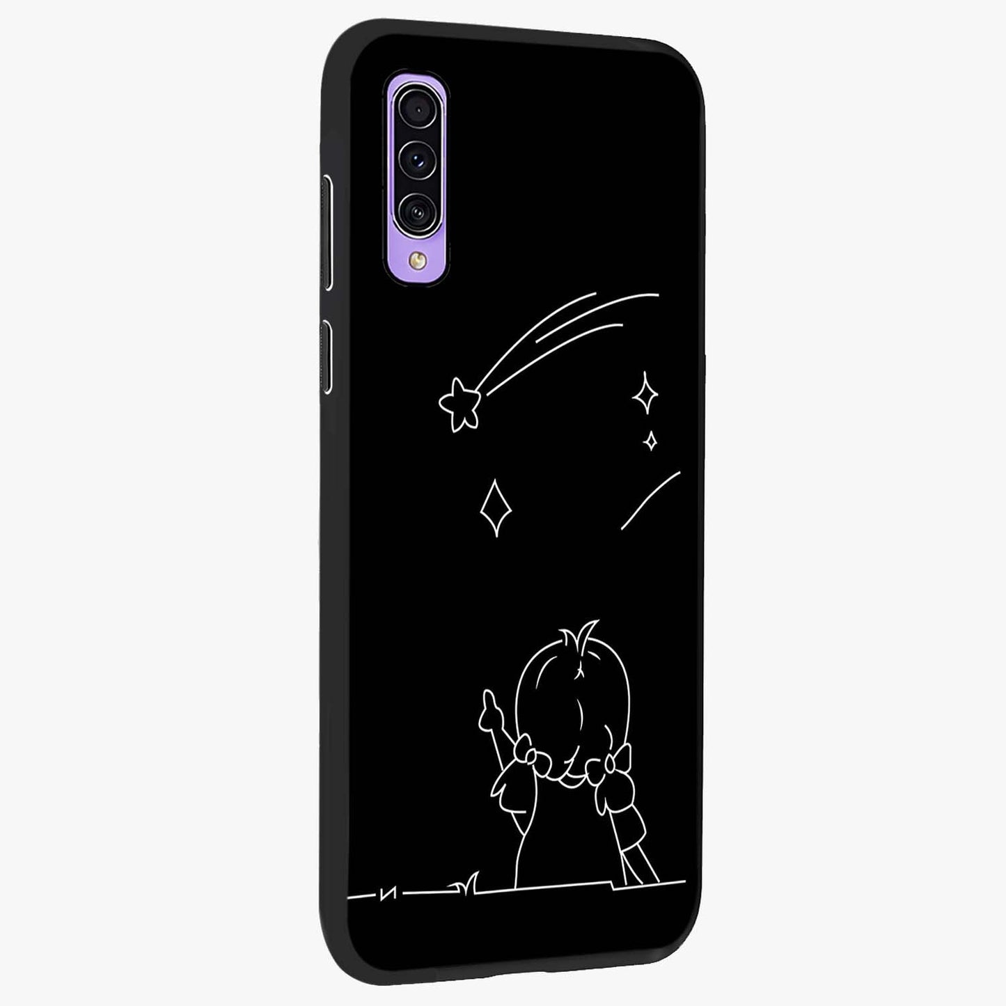 Line Art Girl With Shooting Stars Glass Case upright view showcasing delicate shooting stars artwork with minimal artistic theme.