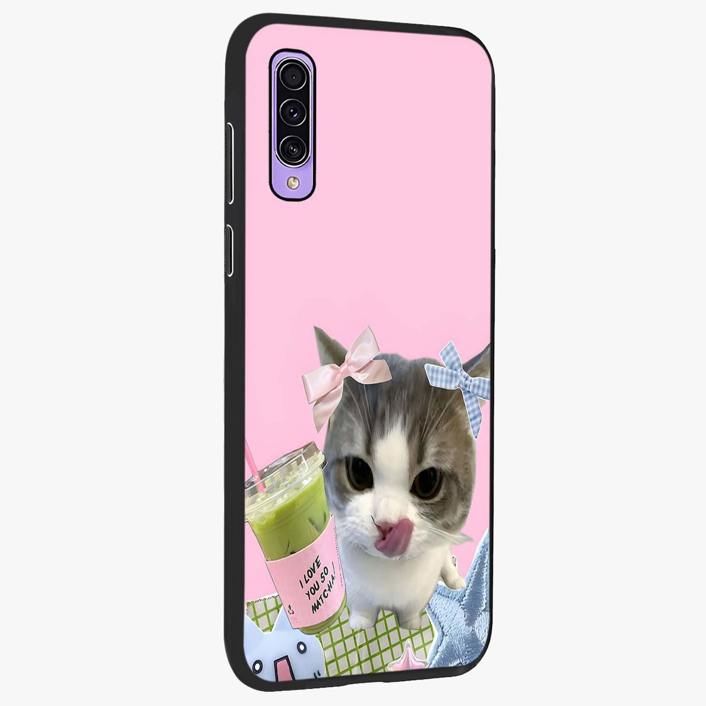 Love Matcha Cat Glass Case upright view showcasing adorable cat artwork with charming matcha themed design.
