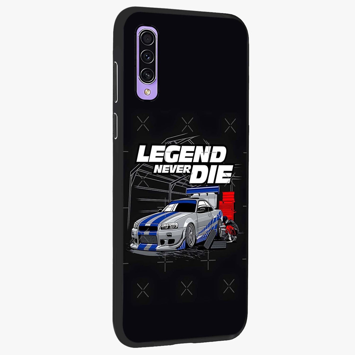 Midnight Racing Legacy Glass Case upright view showcasing powerful racing artwork with modern sports theme.