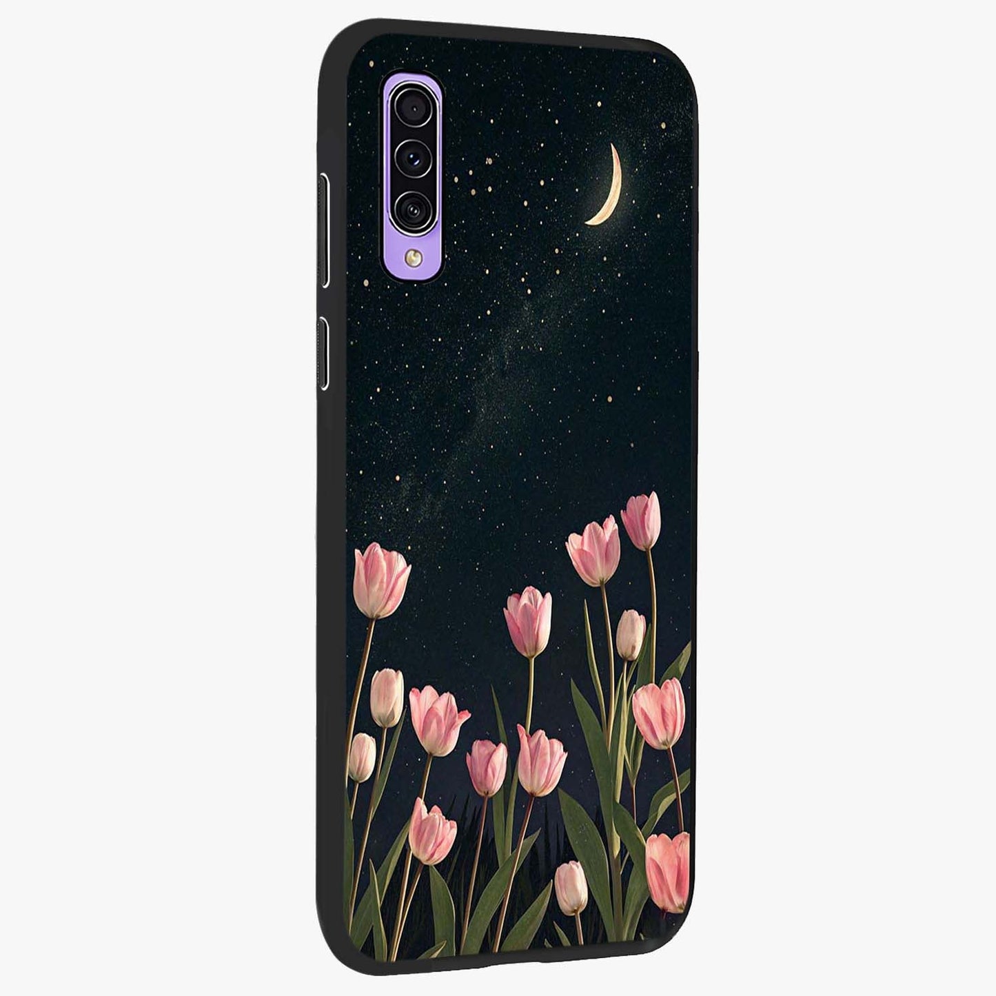 Midnight Tulip Whispers Vibe Glass Case upright view showcasing graceful tulip artwork with calm botanical theme.