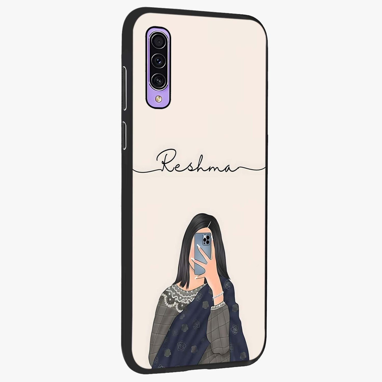 Mirror Mood Muse With Custom Name Glass Case upright view showcasing artistic mirror themed artwork with personalized aesthetic.