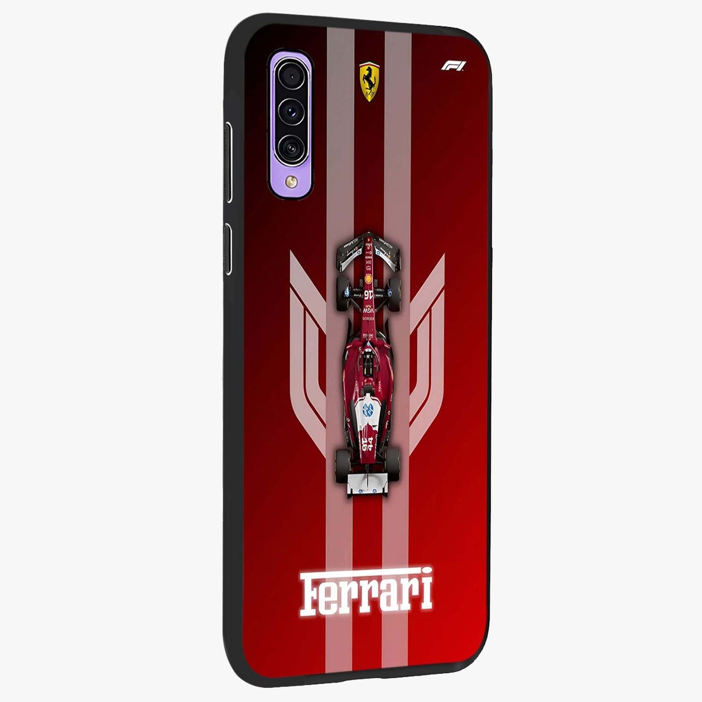 Red Ferrari F1 Vertical Glass Case upright view showcasing powerful Formula car artwork with dynamic motorsport theme.