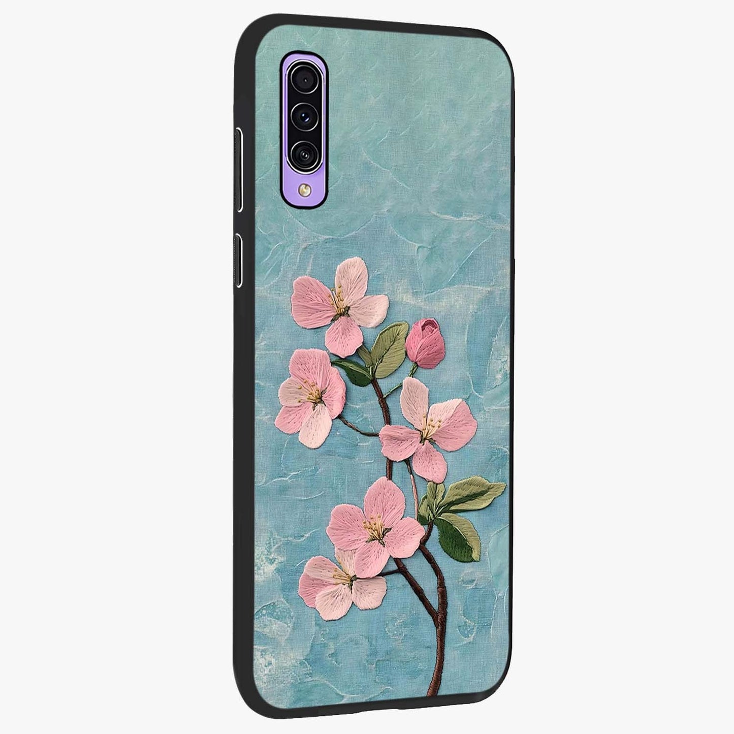 Threaded Blossom Breeze Glass Case upright view showcasing graceful flower artwork with calm botanical theme.