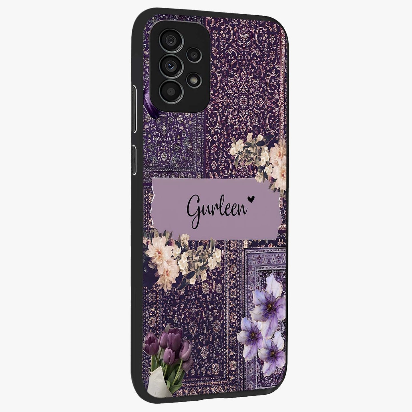 Antique Floral Whisper Custom Name Glass Case upright view showcasing delicate floral artwork with custom name feature.