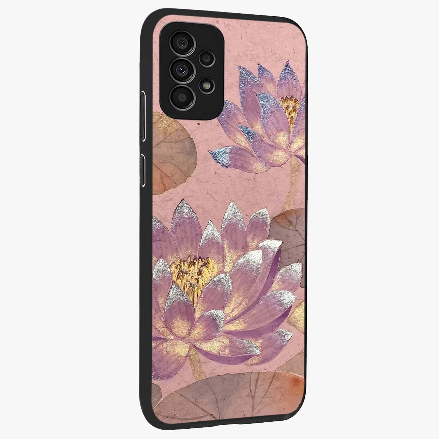 Blossom Mist Lotus Glass Case upright view showcasing graceful lotus flower design with peaceful botanical style.