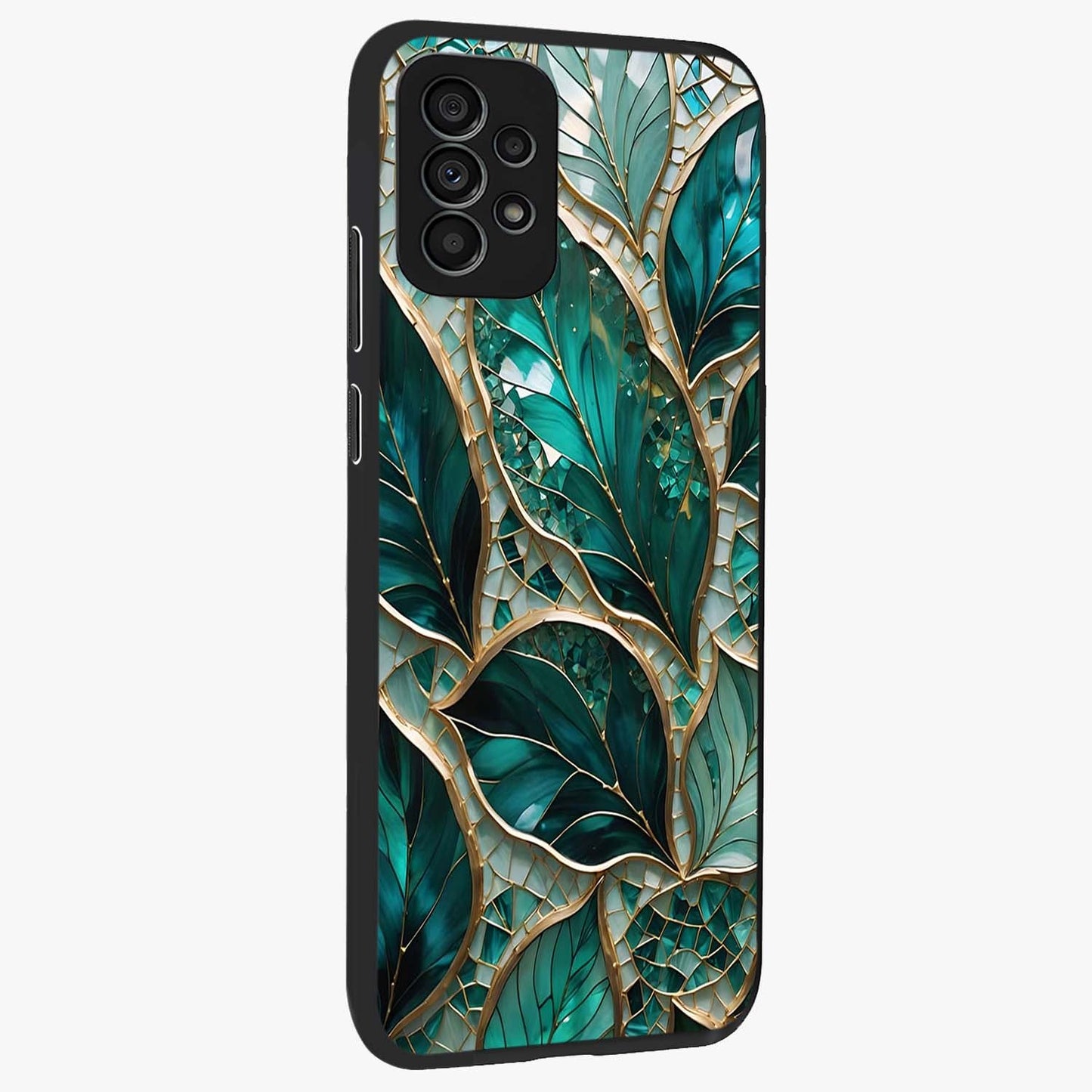 Emerald Leaf Glass Glass Case upright view showcasing fresh green leaf artwork with calming nature inspired style.