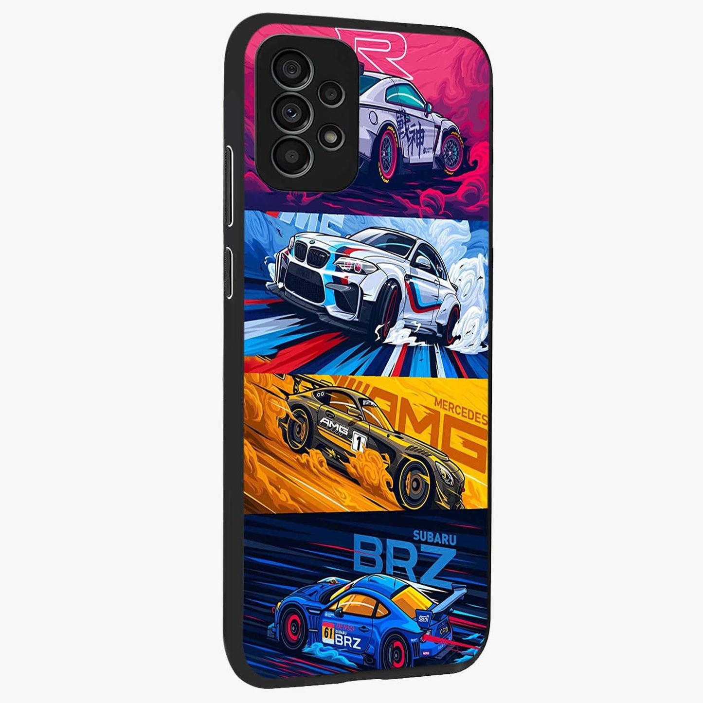 JDM Sports Car Glass Case upright view showcasing dynamic sports car artwork with bold racing theme.