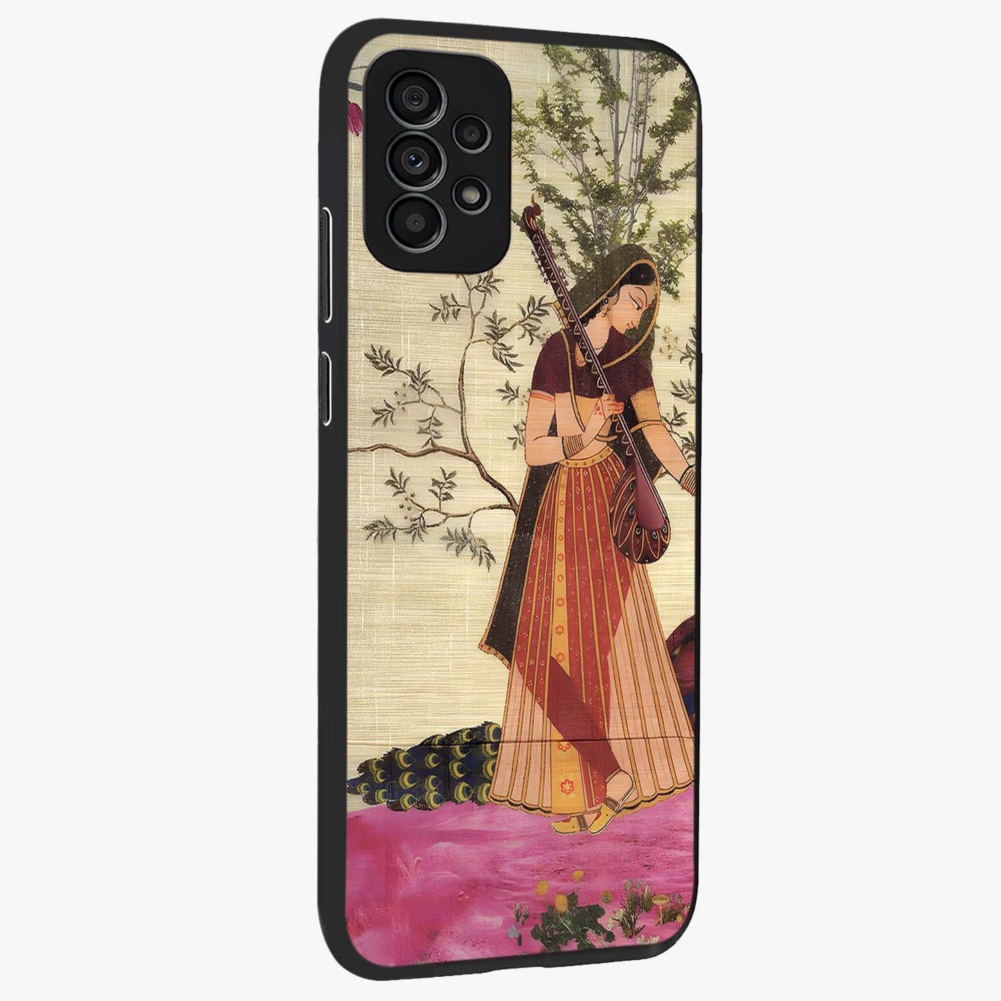 Lady With Veena Art Glass Case upright view showcasing classical veena artwork with traditional artistic theme.