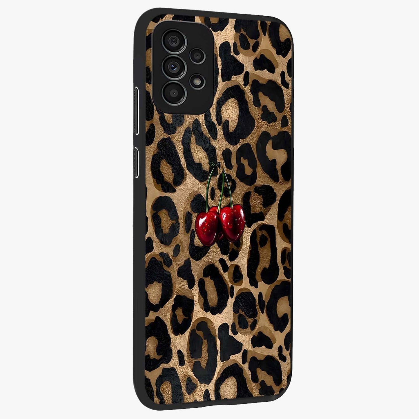 Leopard Wild Cherry Glass Case upright view showcasing stylish leopard pattern artwork with trendy fashion theme.