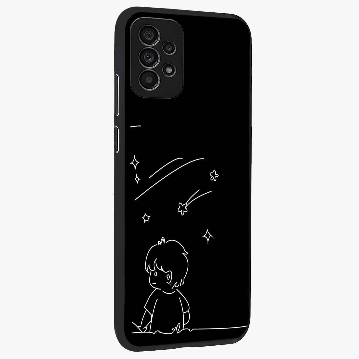Line Art Boy With Shooting Stars Glass Case upright view showcasing artistic shooting star illustration with minimal style.