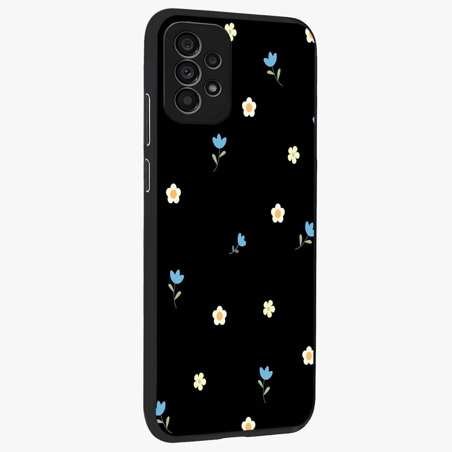 Minimal Petal Whispers Glass Case upright view showcasing elegant floral artwork with modern minimalist style.