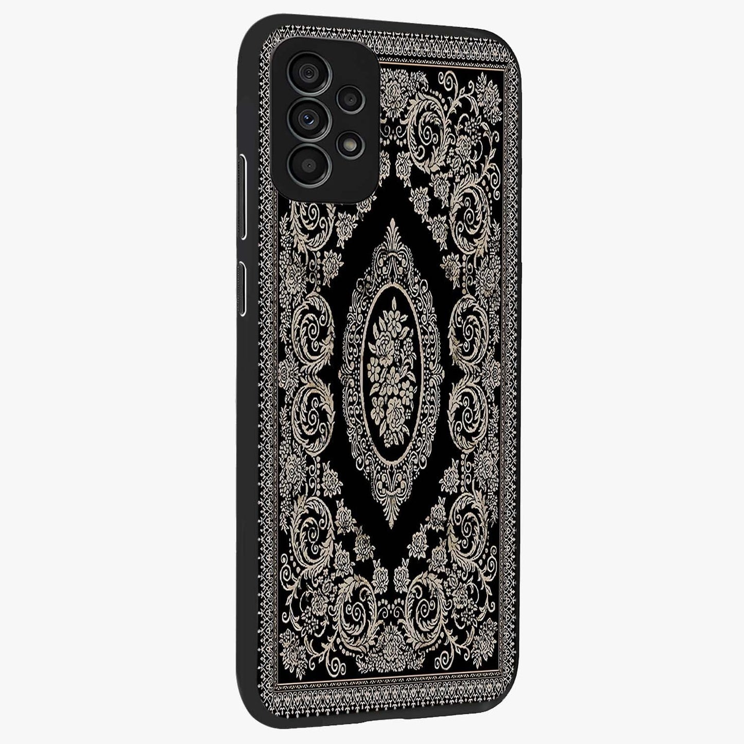 Noir Bloom Elegance Glass Case upright view showcasing graceful floral artwork with luxurious dark theme.